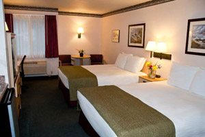 Hotel room with two double beds and green blankets