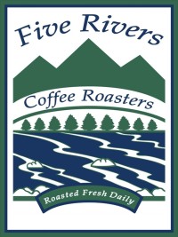 Five Rivers Coffee Roasters logo: silhouette of mountains, trees and water in the foreground
